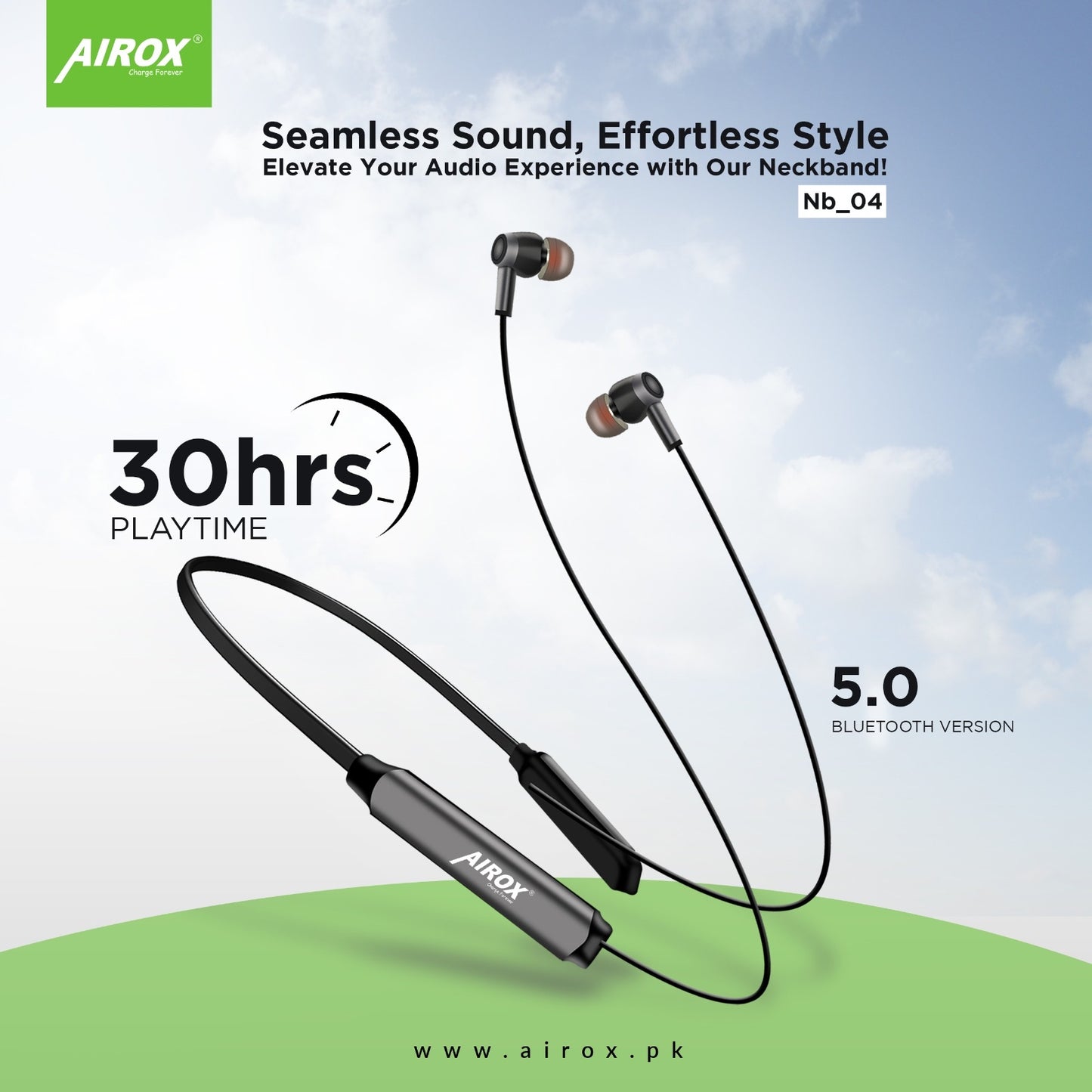 Airox NB04 Wireless Handsfree Neckband  5.0 With Super Bass and Clear Sound Airox.pk