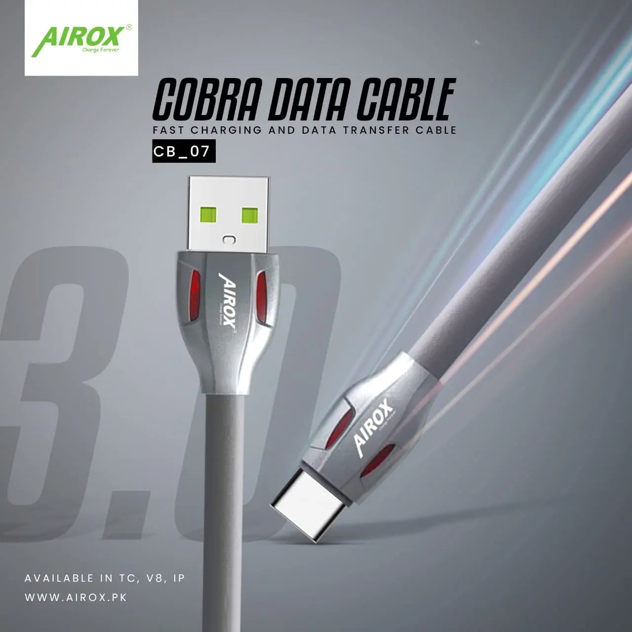 AIROX CB-07 Super Fast Charge Data Cable 3.0A | Qualcomm Fast Charging Supported airox.pk