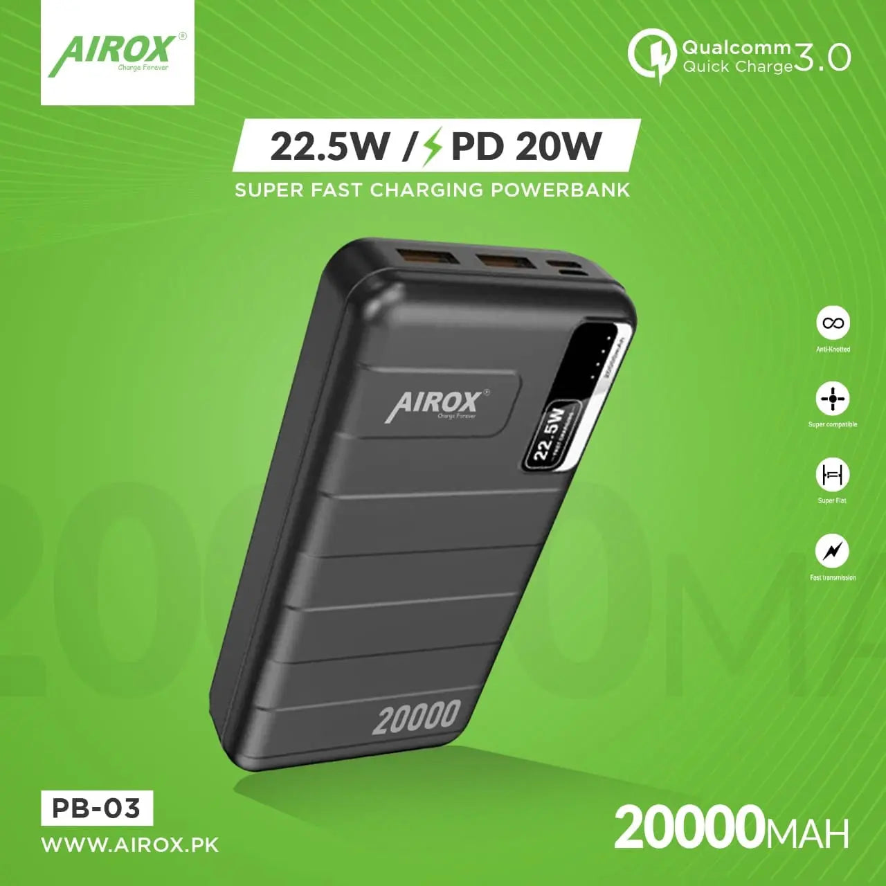 AIROX PB-03 Qualcomm QC 3.0 Power Bank 20000 mAh 22.5W with PD Super Fast Charing | 2 USB Ports - Airox.pk