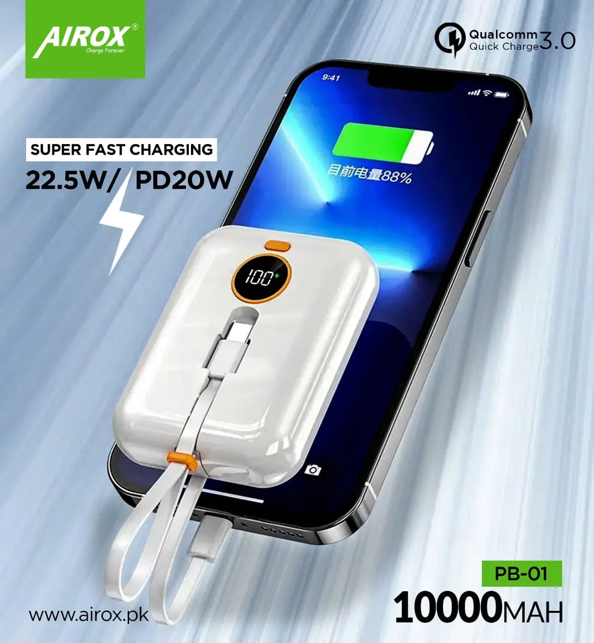 Airox PB-01 Fast Charging 22.5W Qualcomm 10000 Mah Power bank | Super Fast Charging || PD 20Watt Super Fast Charging - Airox.pk