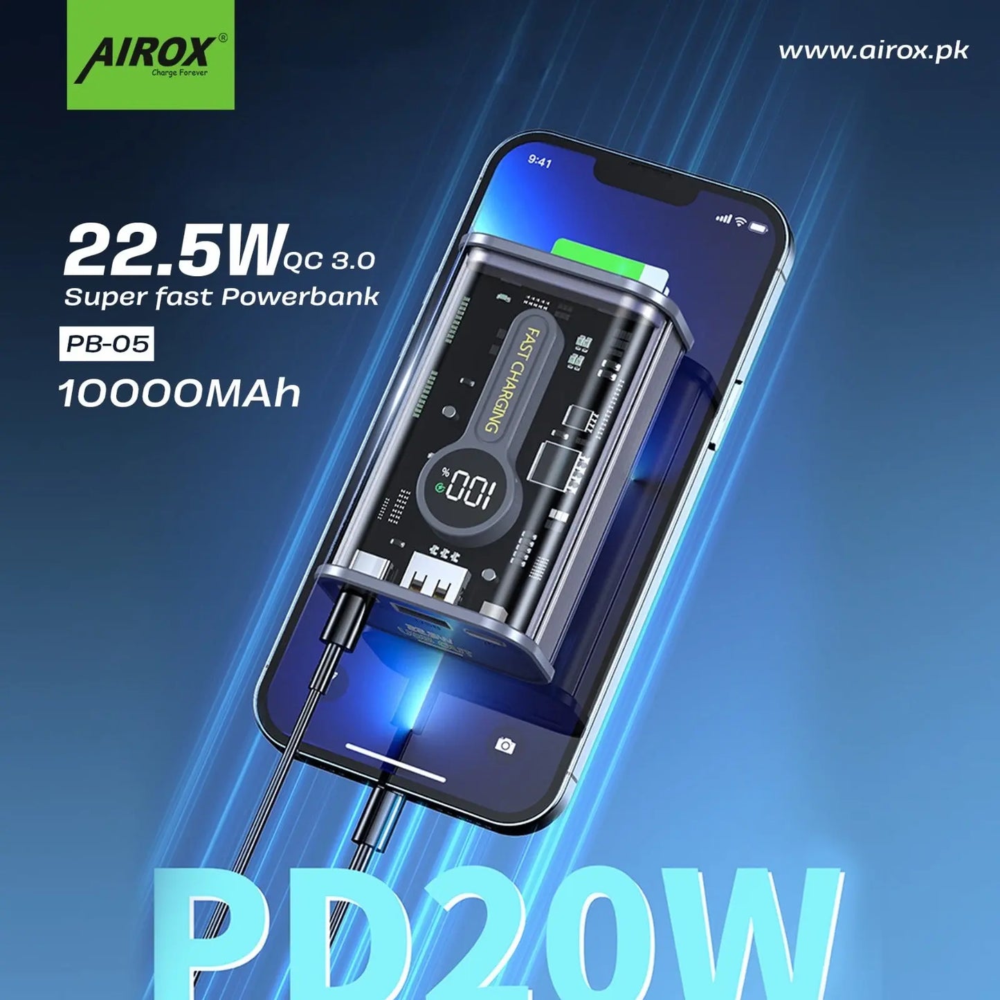 Airox PB05 Transparent PD Power Bank 22.5 Fast Charging with Fast Usb Port Airox.pk