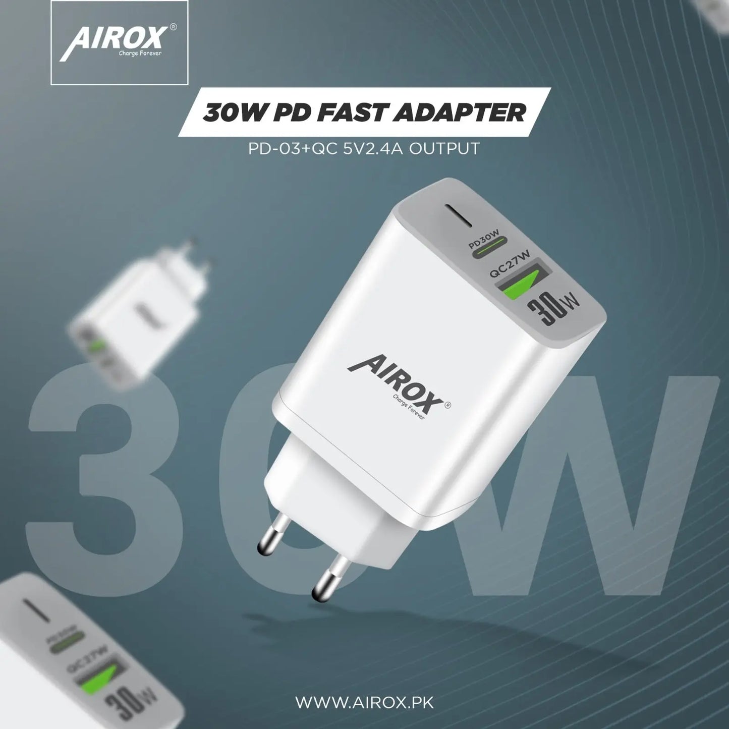 Airox PD03 30 Watt Super Fast Charging PD Adapter With QC Port Airox.pk