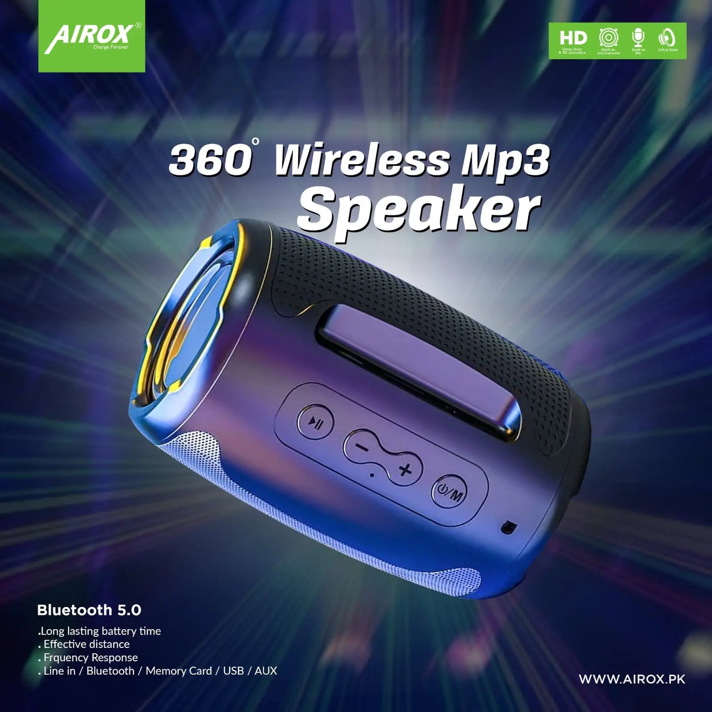 Airox Wireless Bluetooth Speakers Woofer Portable Speakers Bass Speaker Stereo Music Surround Mobile Call Light Speaker Outdoor Speakers with Aux Interface Laptop Phone Support TF FM - Airox.pk