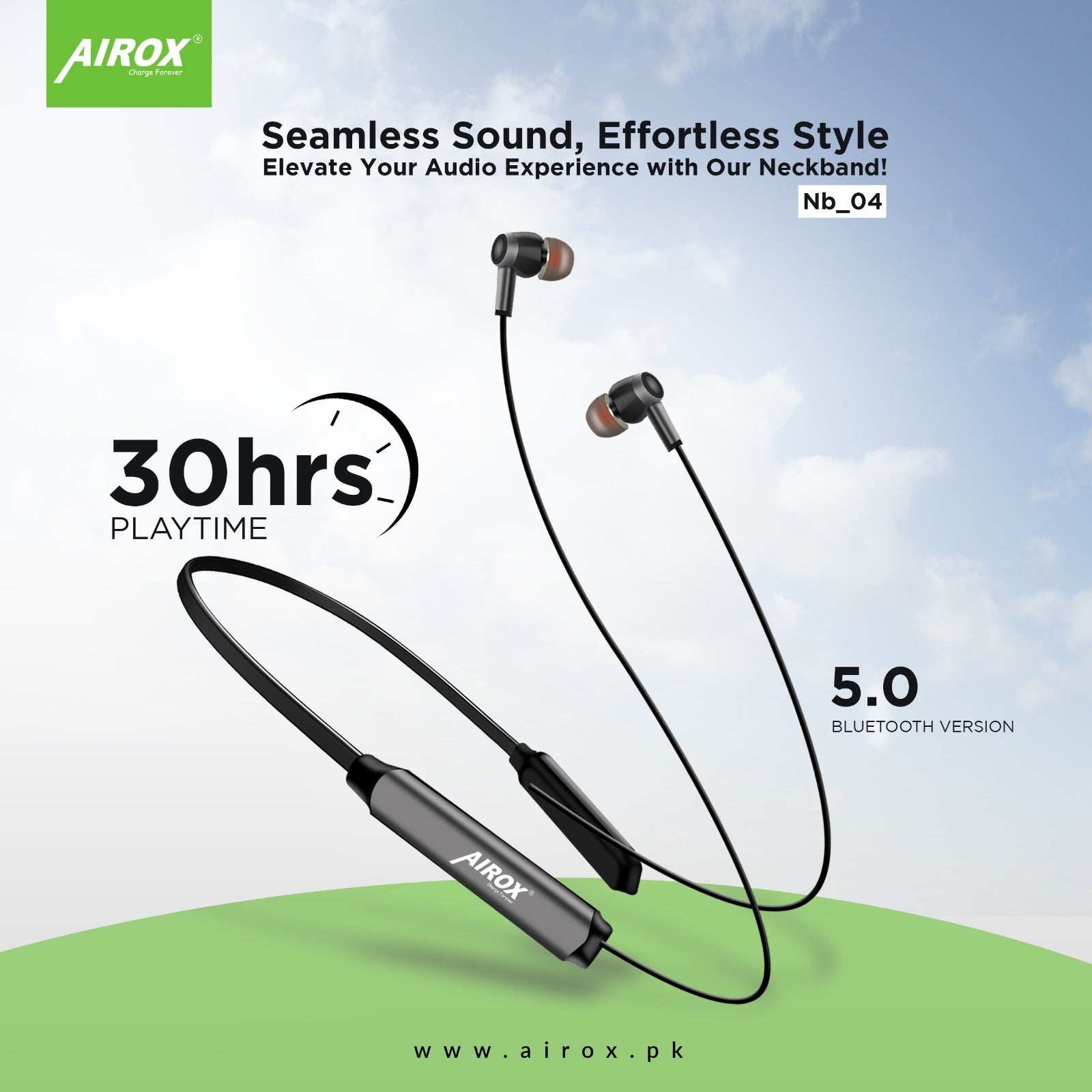 Airox NB04 Wireless Handsfree Neckband  5.0 With Super Bass and Clear Sound Airox.pk