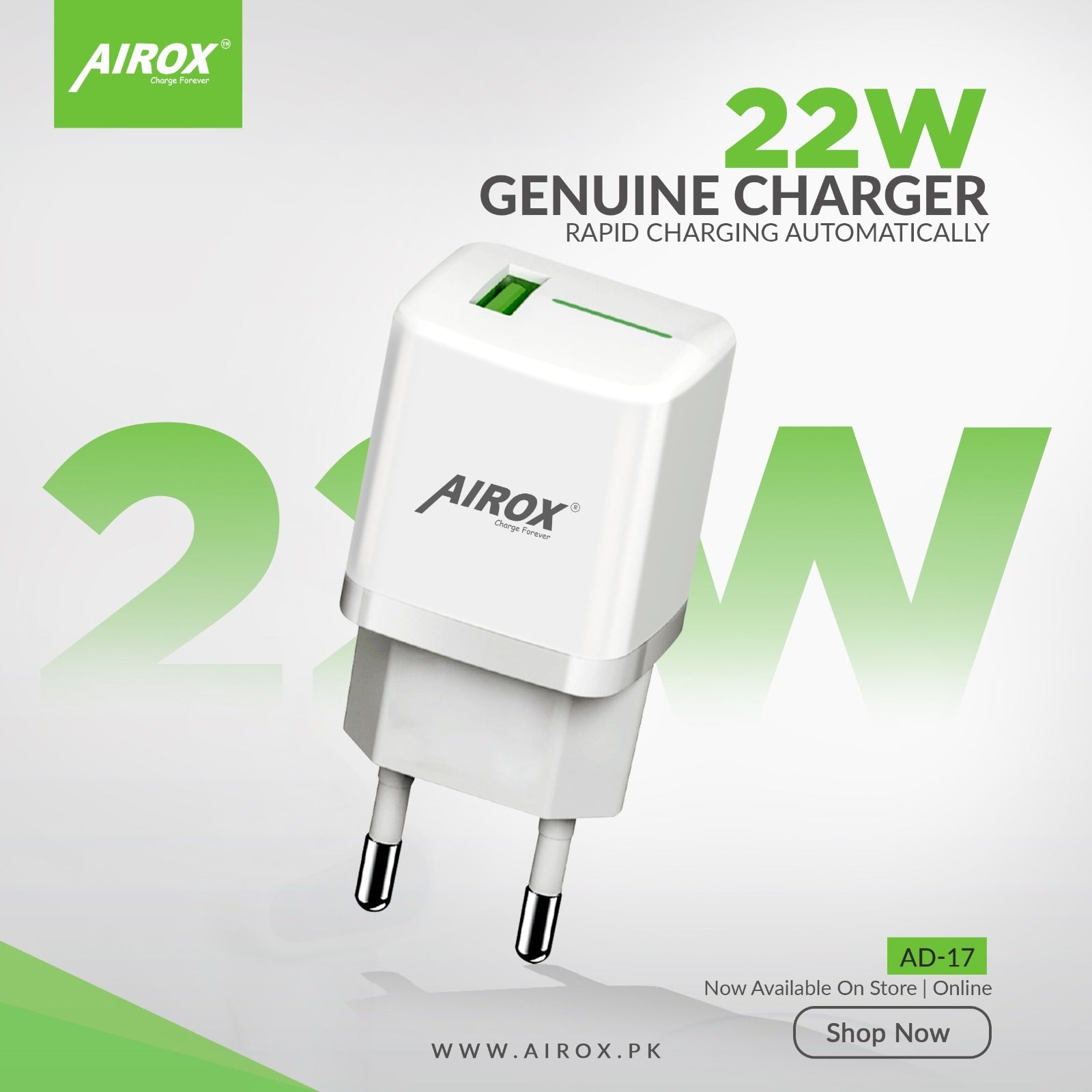 Airox AD-17 22 Watt Fast Adapter QC 3.0 Fast Charging 1 Usb Port Airox.pk