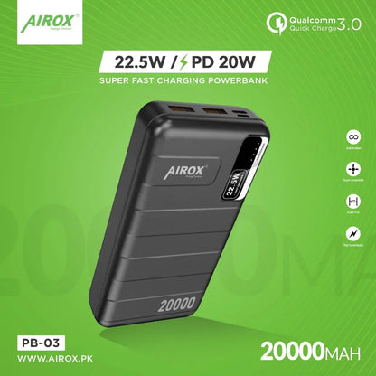AIROX PB-03 Qualcomm QC 3.0 Power Bank 20000 mAh 22.5W with PD Super Fast Charing | 2 USB Ports - Airox.pk