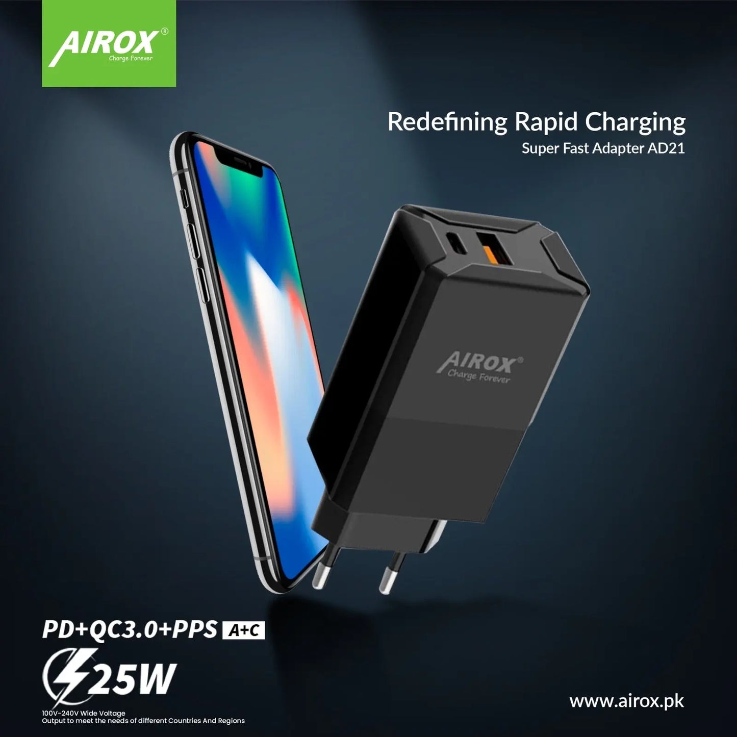 Airox AD21 Super Fast Charging 25 Watt Adapter with PD And Usb Port Airox.pk