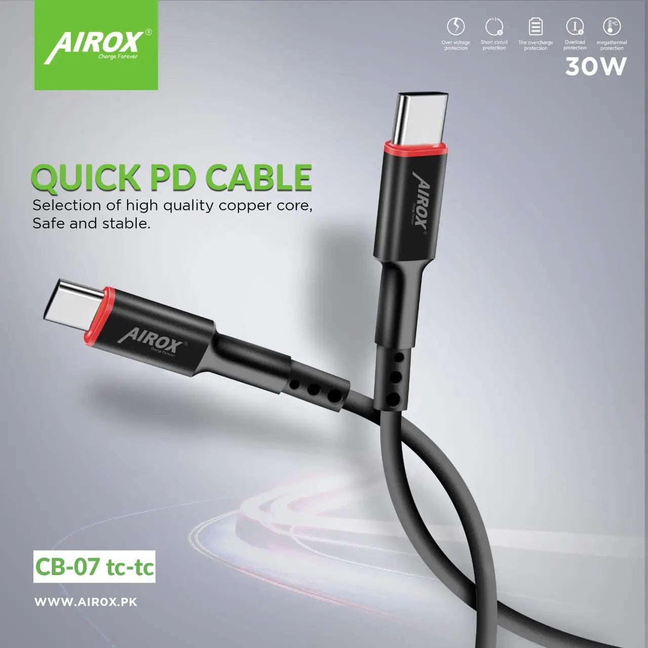 Airox CB-08 Type-C to Lightning &amp; Type C to Type C Fast Charging Cable for iPhone and Type C Devices airox.pk