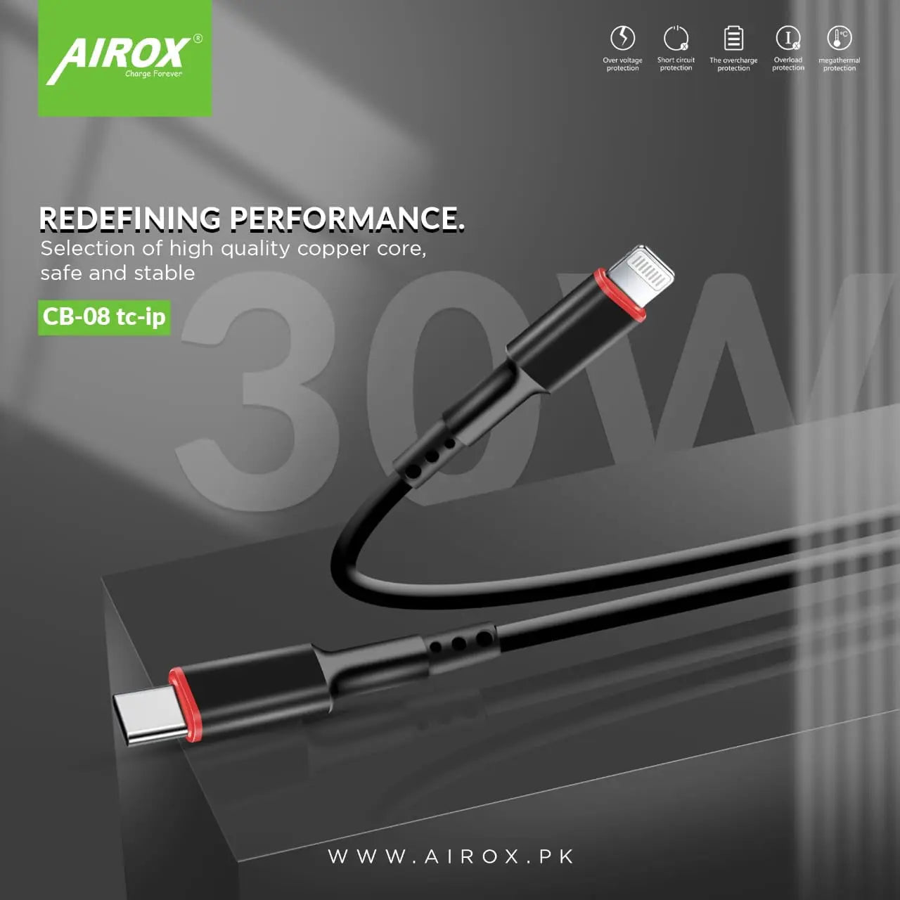 Airox CB-08 Type-C to Lightning &amp; Type C to Type C Fast Charging Cable for iPhone and Type C Devices airox.pk