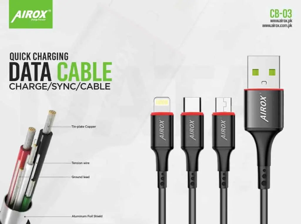 Airox CB03 Fast & Best Data Cable | 1200 mm | Type-C | Iphone | Samsung Cables | Airox airox.pk