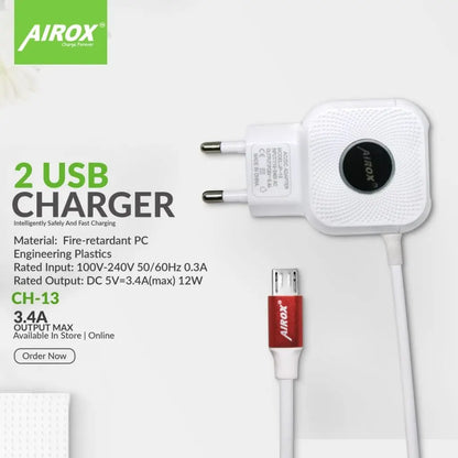 Airox CH13 2 USB Fast Charger For Samsung || Best Quality ROHS Standard ✅ airox.pk