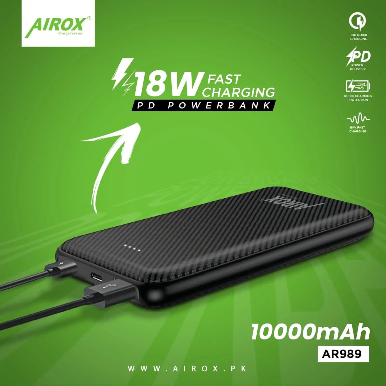 Airox Fast 3.0 18 Watt Fast Charging Supported Slim Power bank | PD Power bank | 1 Extra Fast Charging port - Airox.pk