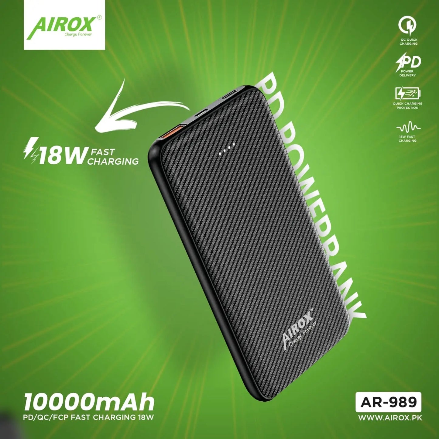 Airox Fast 3.0 18 Watt Fast Charging Supported Slim Power bank | PD Power bank | 1 Extra Fast Charging port - Airox.pk