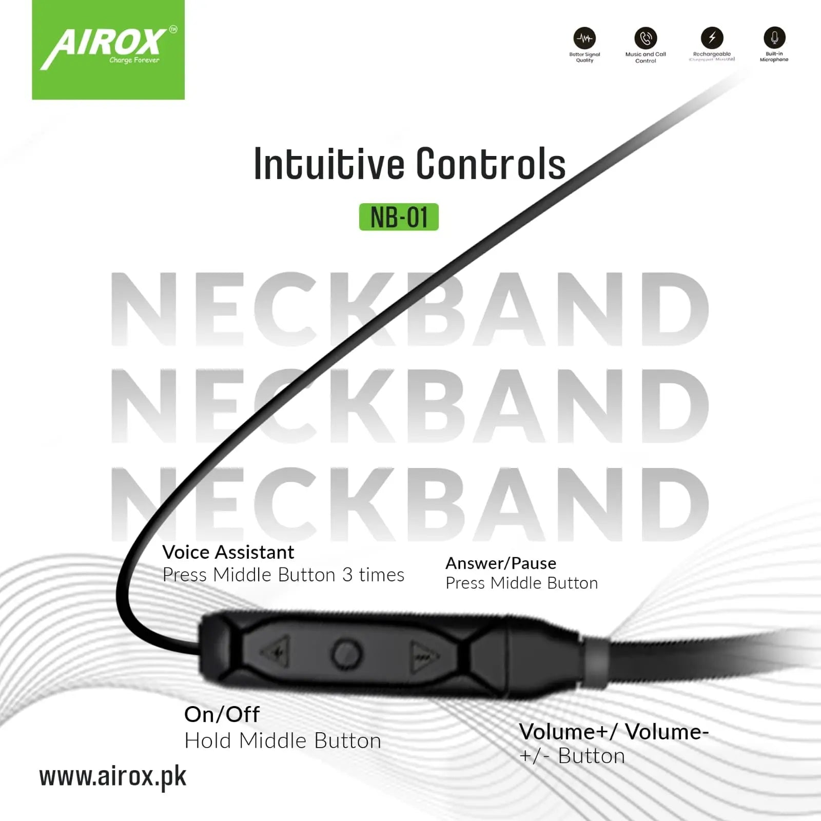 Airox NB-01 Wireless Bluetooth Handsfree Neckband 5.0 Super Bass –