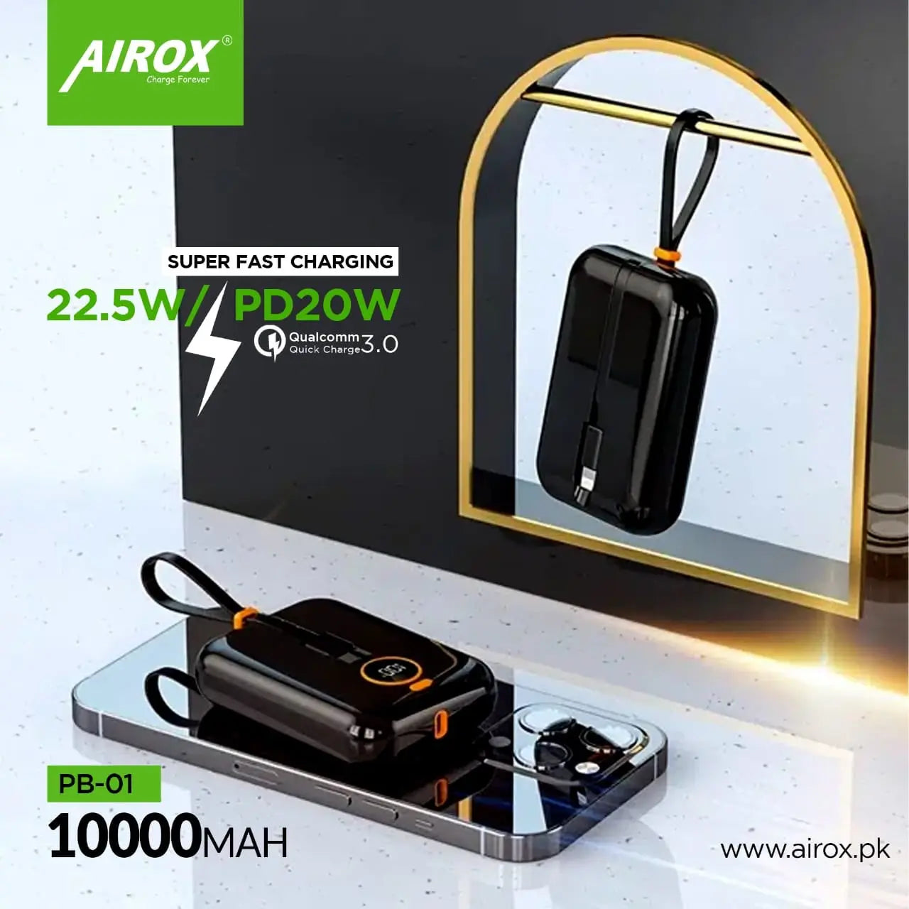 Airox PB-01  Fast Charging 22.5W Qualcomm  10000 Mah Power bank | Super Fast Charging || PD 20Watt Super Fast Charging - Airox.pk