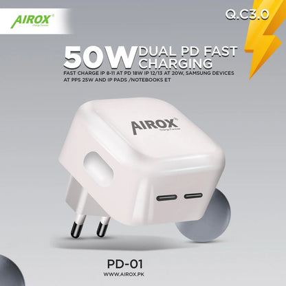 Airox PD01 Fast Charging PD Adapter 50 Watt 2 Type C Ports Airox.pk