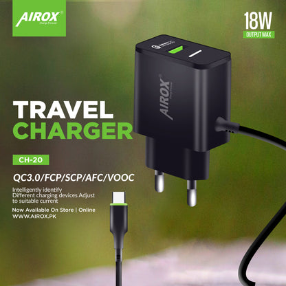 AIORX CH20 Fast QC 20W Charger – High-Speed Charging with V8 Cable & USB Port