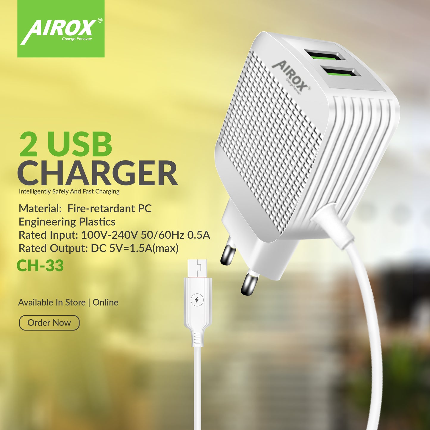 CH33 Mobile Charger with USB Port & V8 Cable – Fire-Retardant PC Material