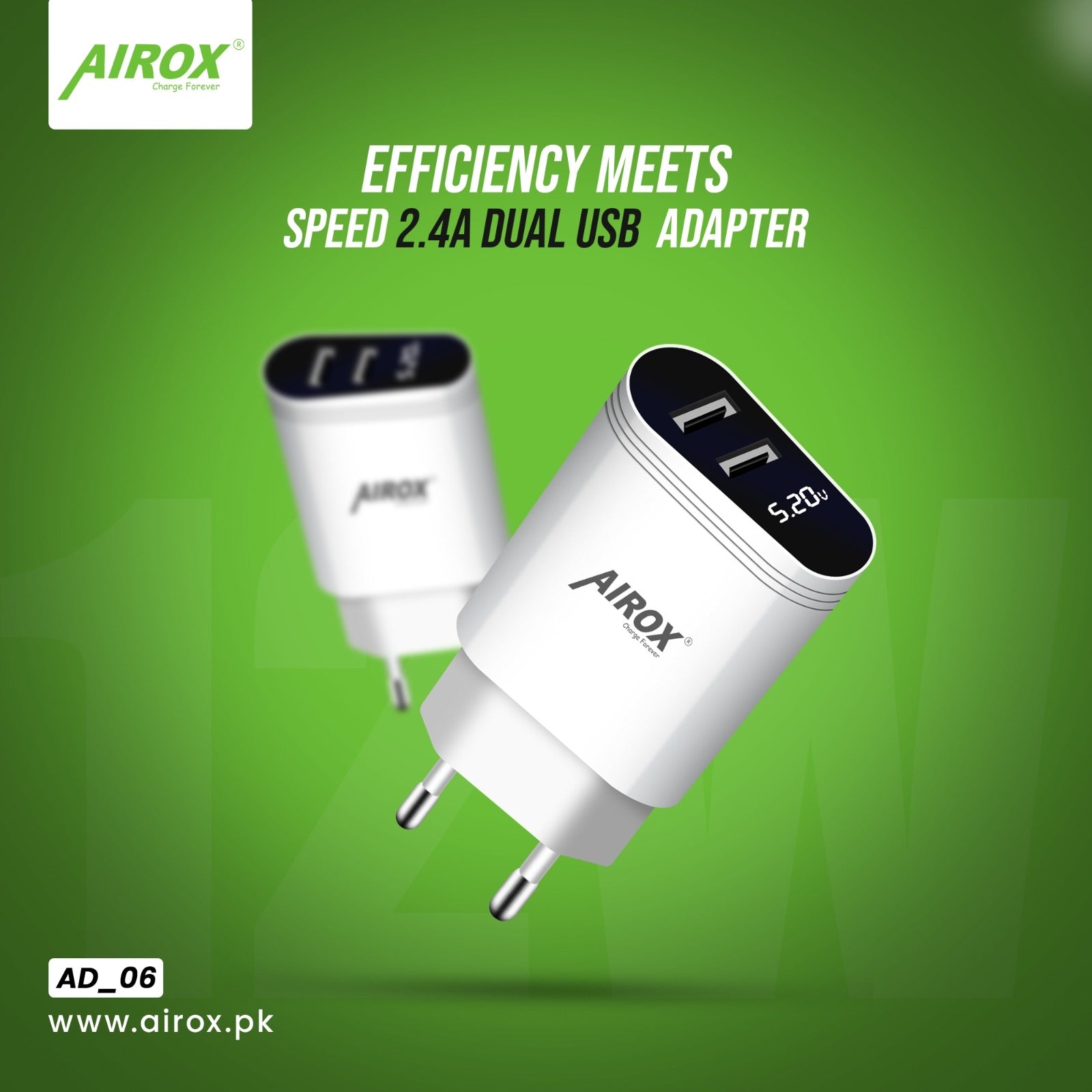Airox 2.4A  Charging Adapter 2 Usb Port with LED Display Airox.pk