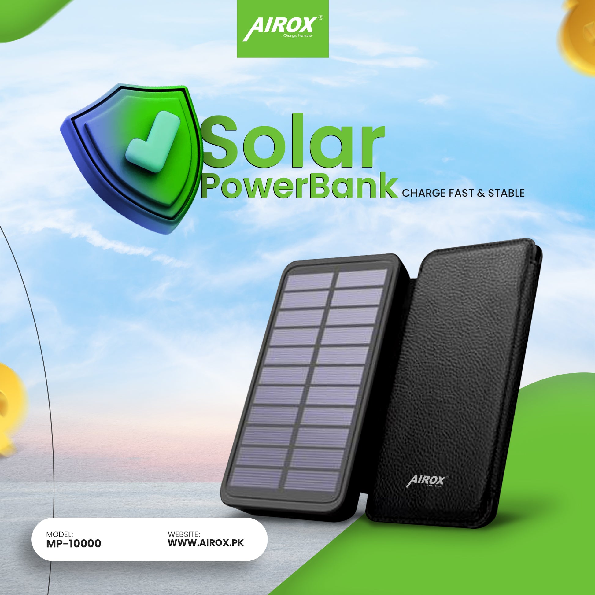 Airox Solar Power bank 10000 Mah 2A Dual Usb Port Power bank Airox.pk