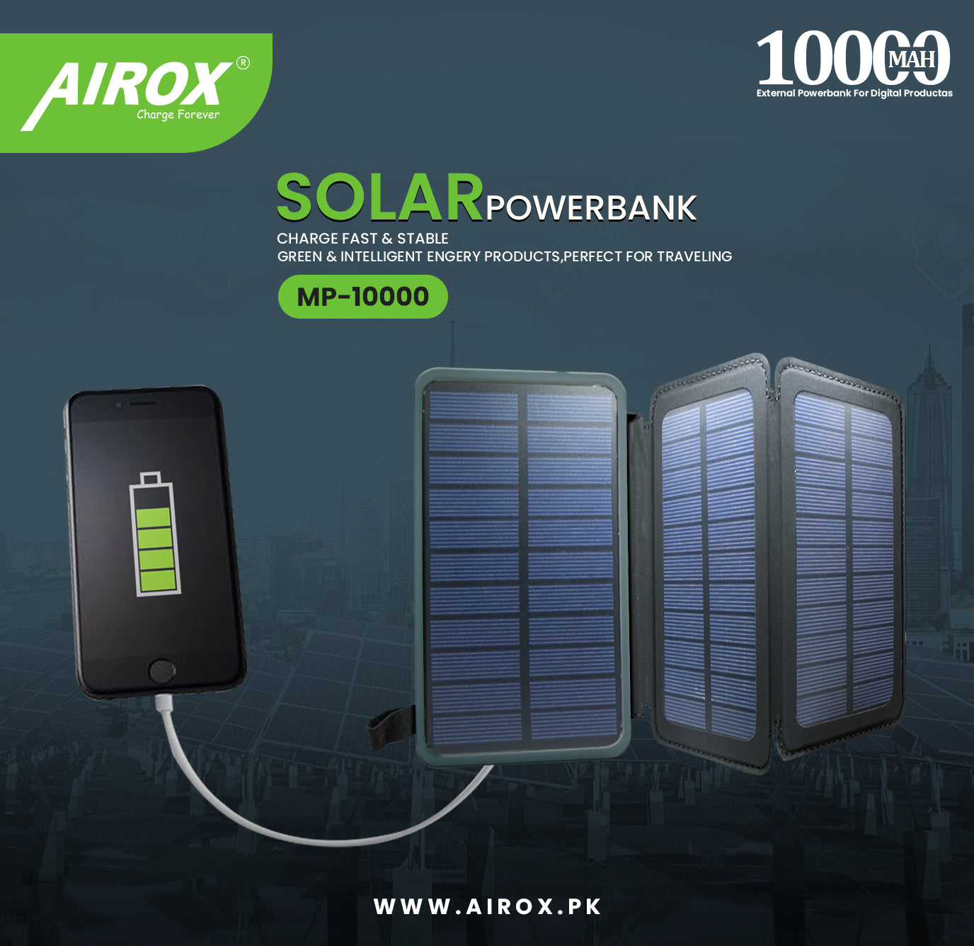 Airox Solar Power bank 10000 Mah 2A Dual Usb Port Power bank Airox.pk