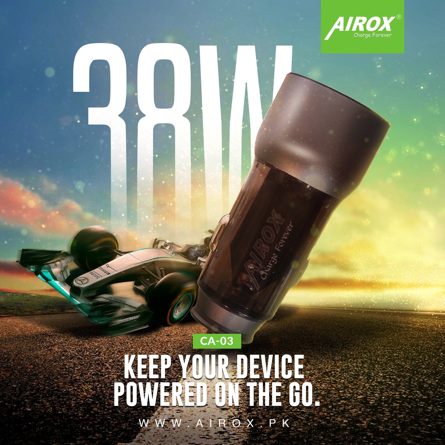 Airox CA03 Fast Car Charger Adapter 38 Watt PD and Usb 3.0 airox.pk