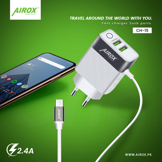 AIORX CH15 2-Port 2.4A Fast Charger – Dual USB Charging with V8 Cable