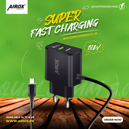 AIORX CH20 Fast QC 20W Charger – High-Speed Charging with V8 Cable & USB Port