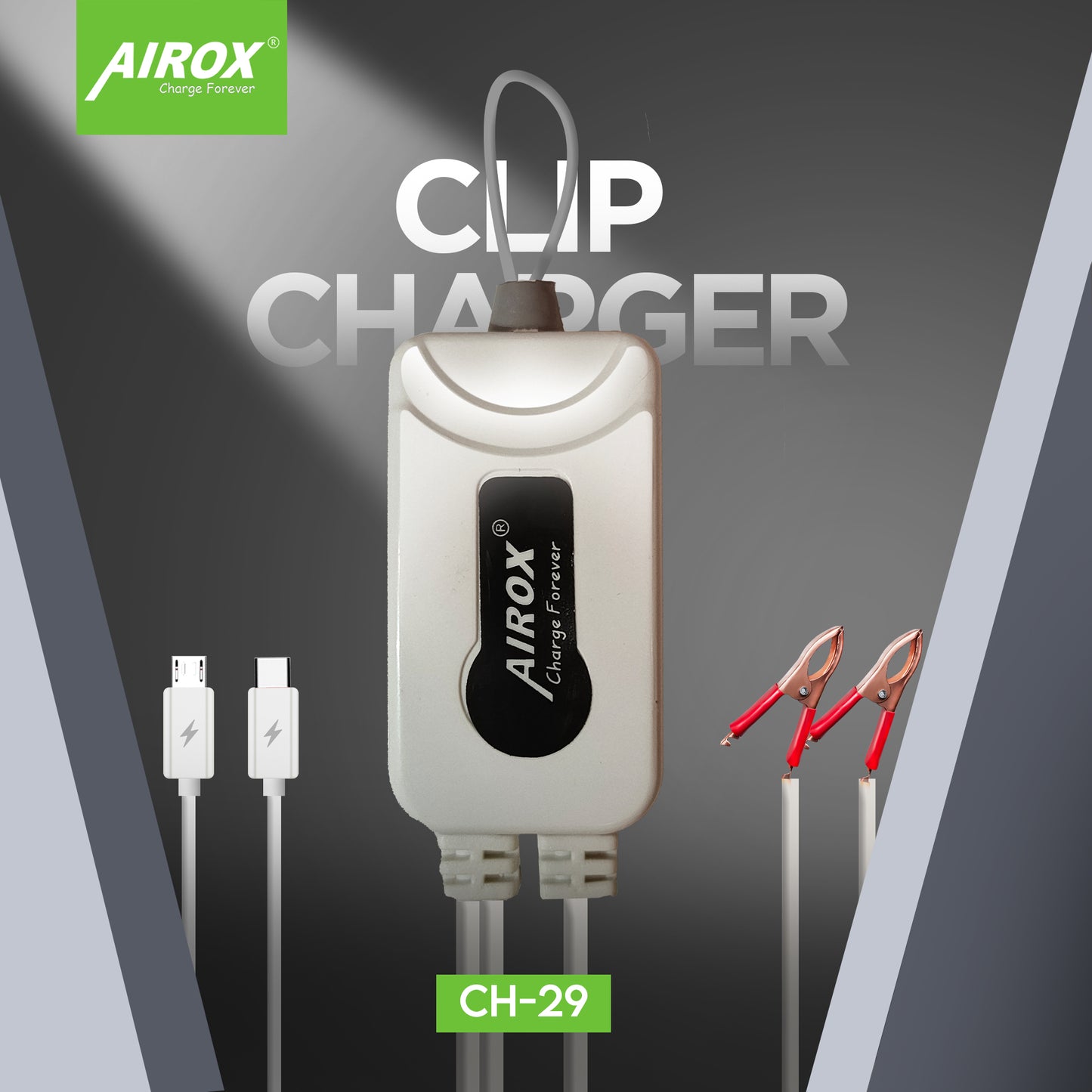 CH29 DC Clip Charger with Single USB Port – Includes V8 and TC Cables for Reliable and Versatile Charging