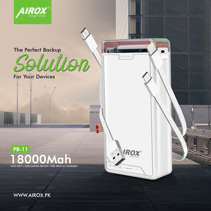 Airox PB11: 18000mAh Torch Powerbank with 3 Built-in Cables and Dual USB Ports Airox.pk