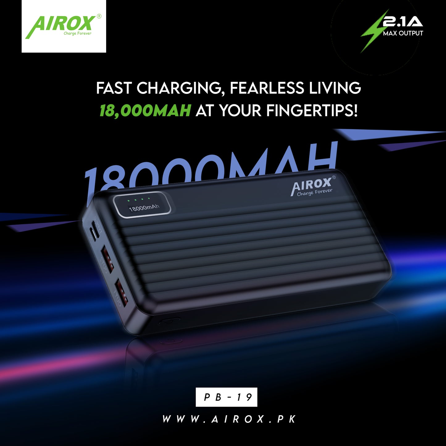 Airox PB18 18,000 mAh Fast Charge Power Bank - 10W Airox.pk